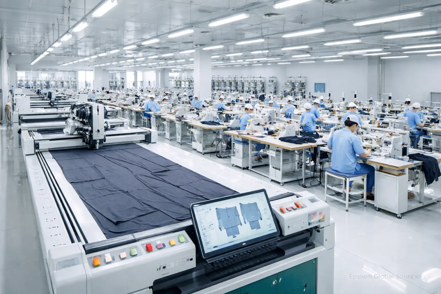 a modern, clean, high-tech garment factory floor (e.g., automated cutters or a clean sewing line).