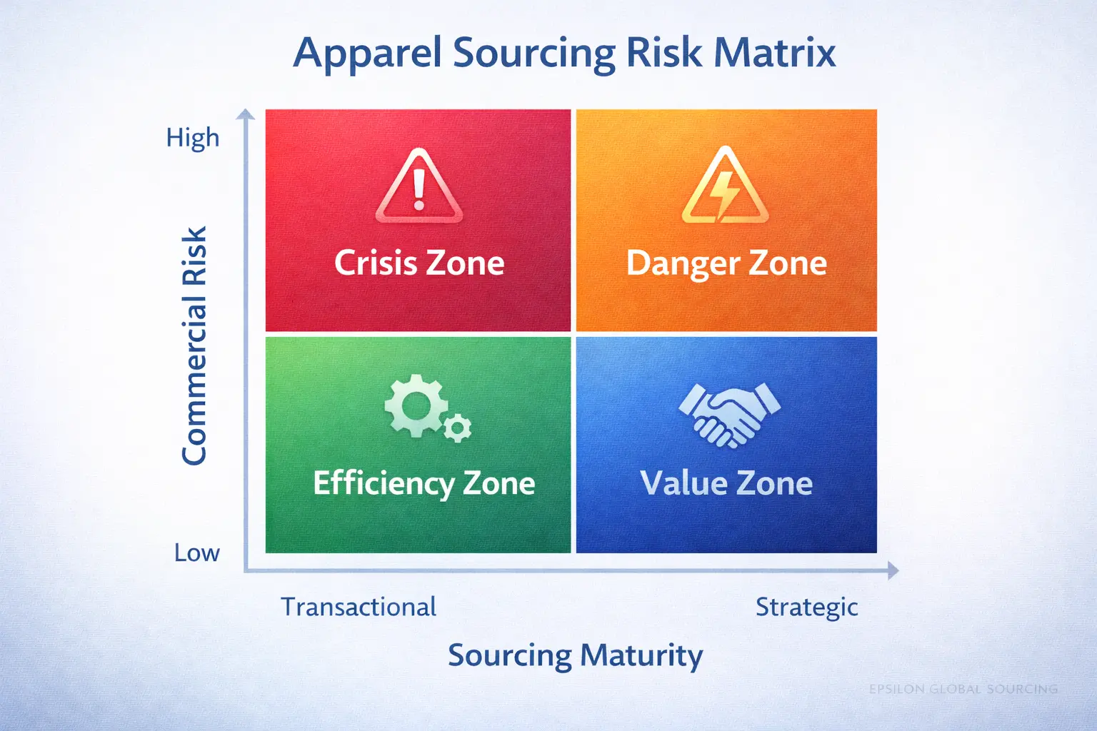 A 2x2 Matrix. X-Axis: Sourcing Maturity (Transactional vs. Strategic). Y-Axis: Commercial Risk (High vs. Low).