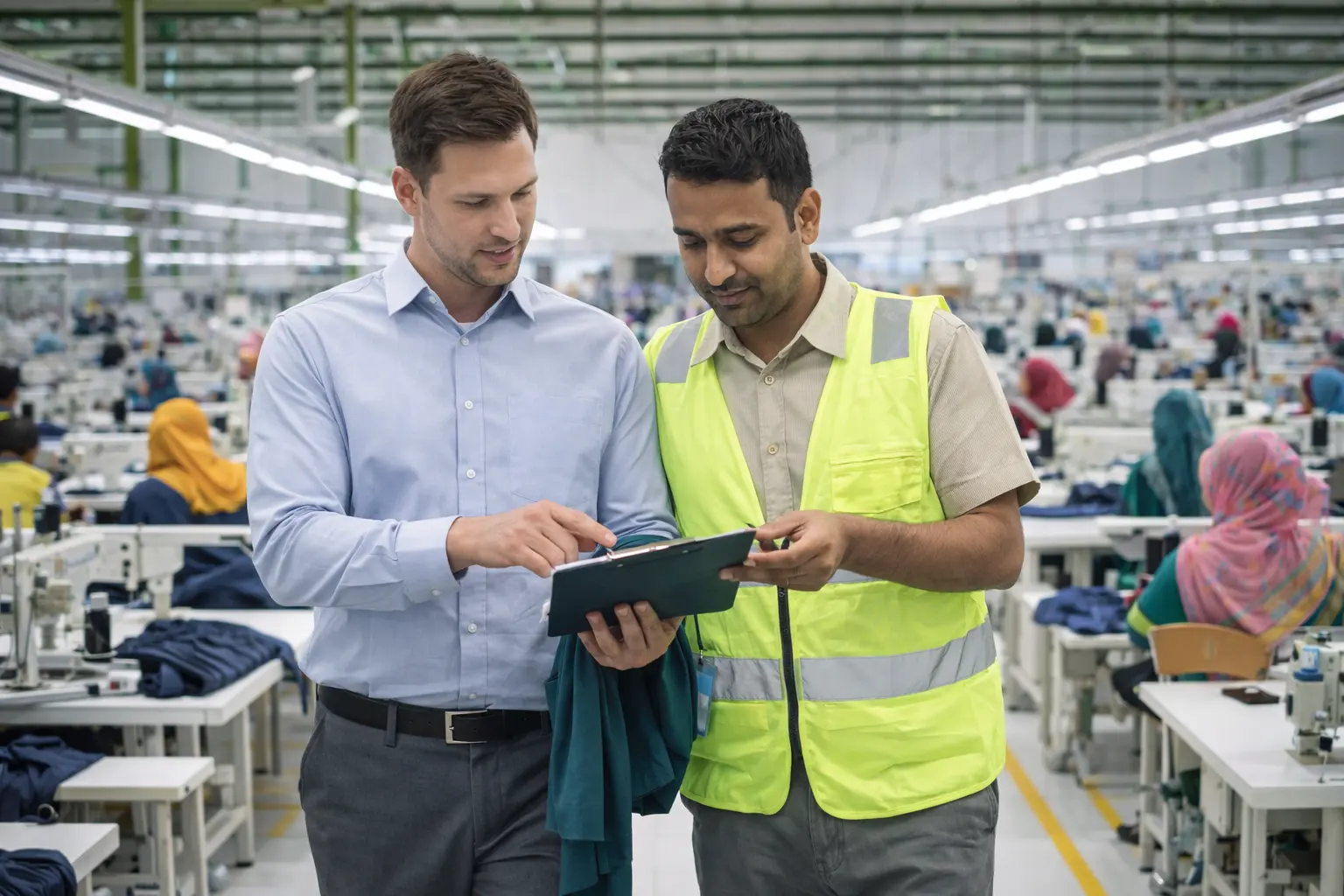 Epsilon sourcing manager and factory director walking the production floor in a BSCI compliant factory in Bangladesh.