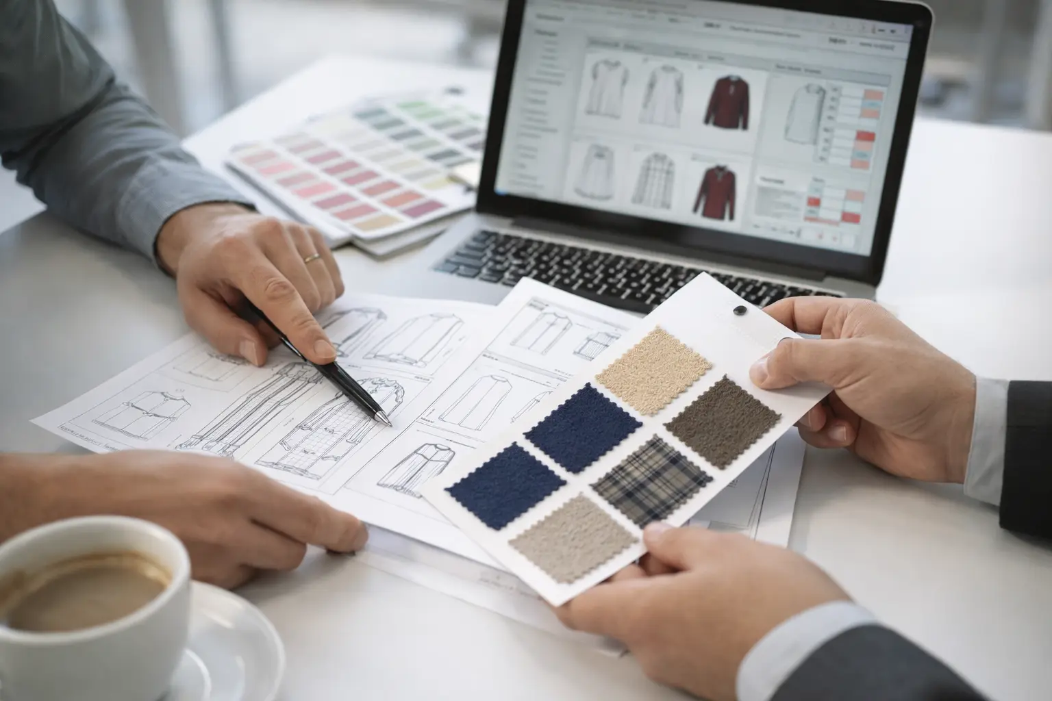 Close-up of London apparel sourcing team reviewing tech packs and fabric swatches for production planning.