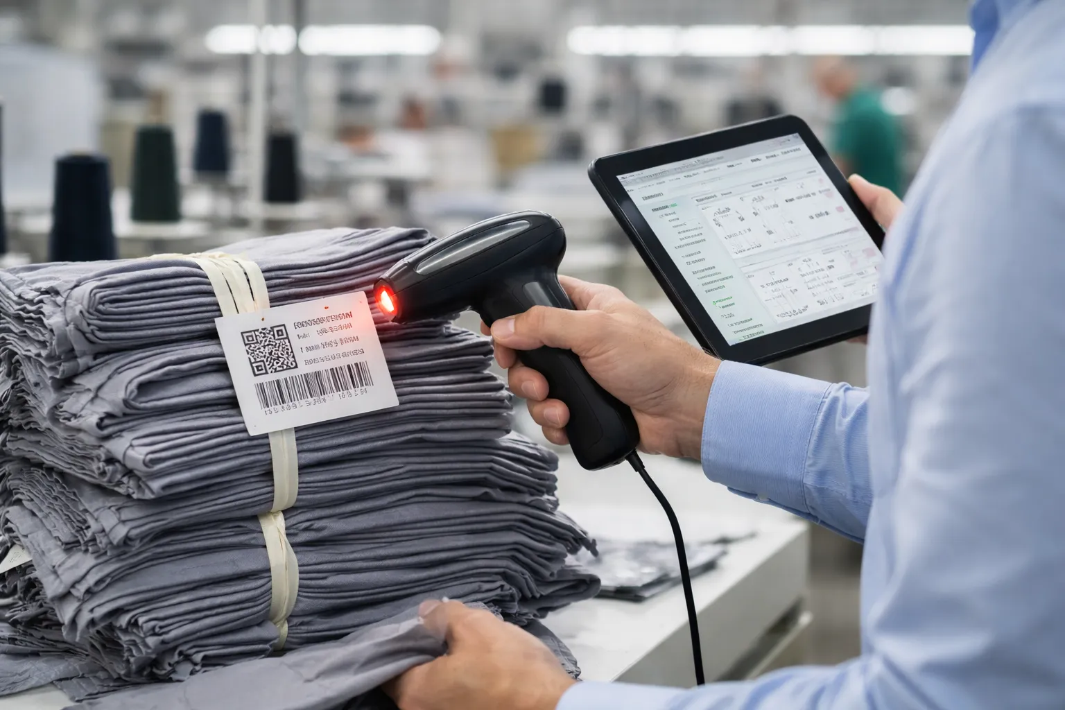 A close-up of a digital tablet attached to a sewing machine, or a manager scanning a barcode/QR code on a bundle of cut fabric.