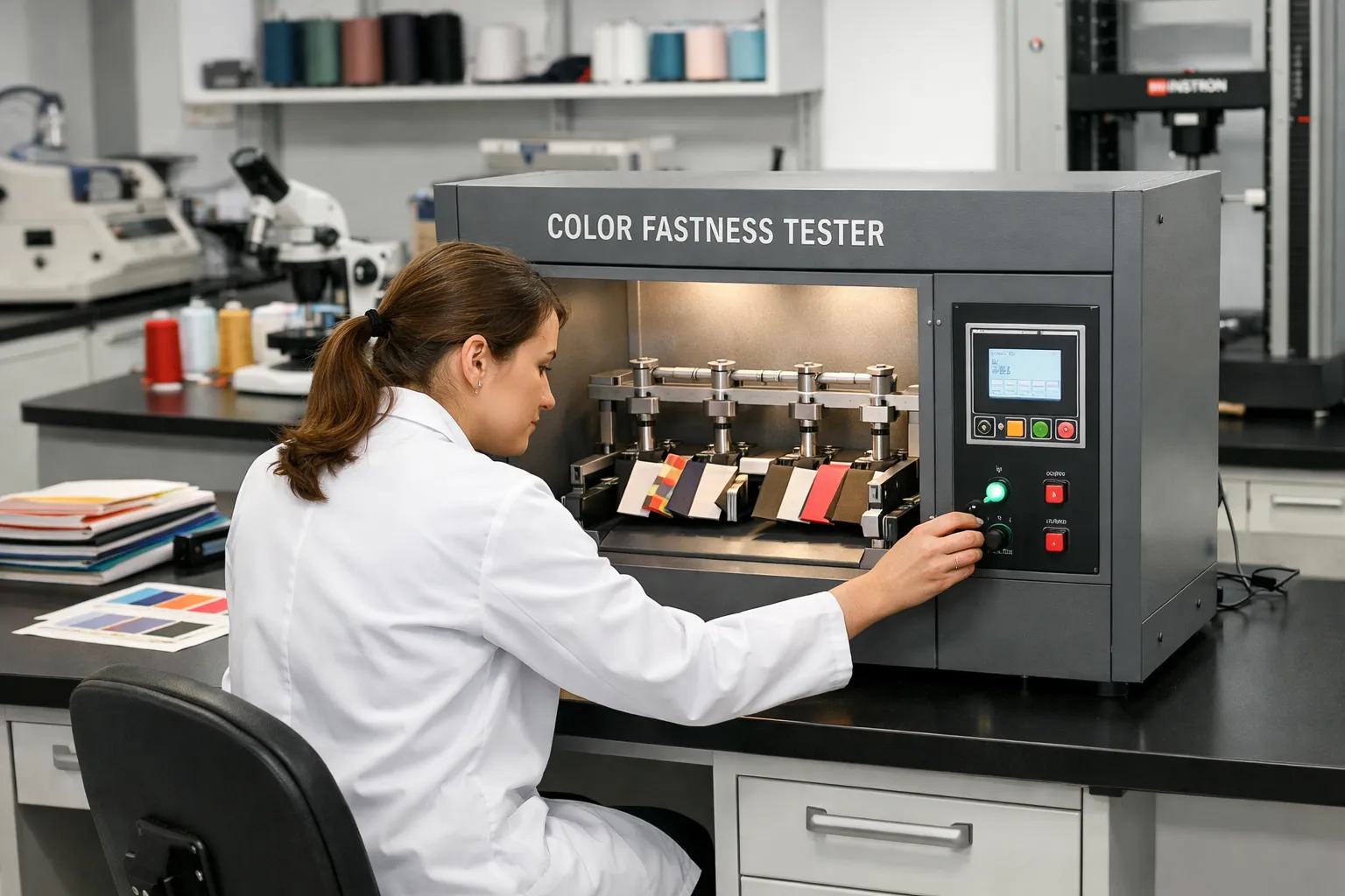 A technician in a white coat looking at a microscope or using a color-fastness machine.