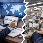 Composite image showing the strategic office environment of apparel sourcing contrasted with the industrial execution of garment manufacturing.