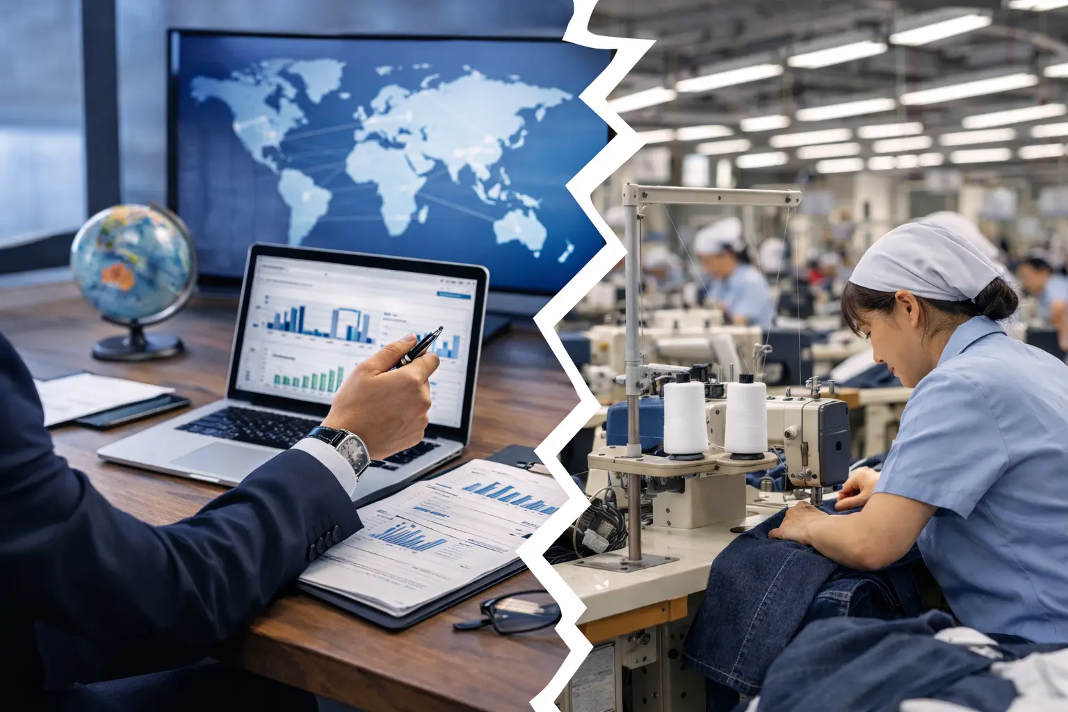 Composite image showing the strategic office environment of apparel sourcing contrasted with the industrial execution of garment manufacturing.