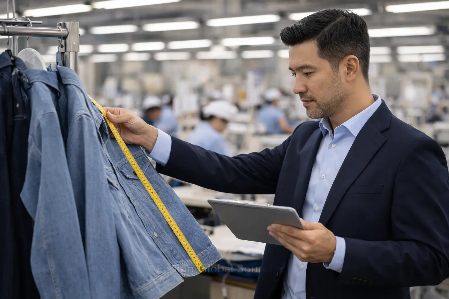 Apparel sourcing agent conducting quality control inspection on a garment manufacturing line.