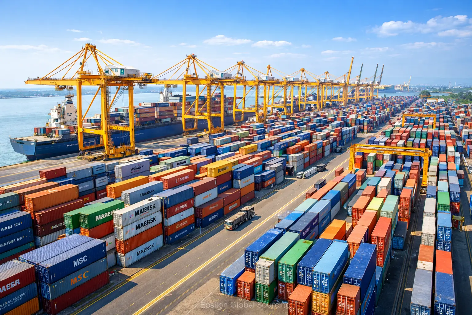 Cargo containers and shipping cranes at Chittagong Port, handling global apparel exports from Bangladesh.