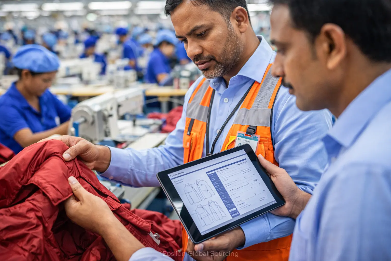 An Epsilon GS apparel sourcing agent conducting a rigorous quality control inspection inside a Bangladesh manufacturing facility.
