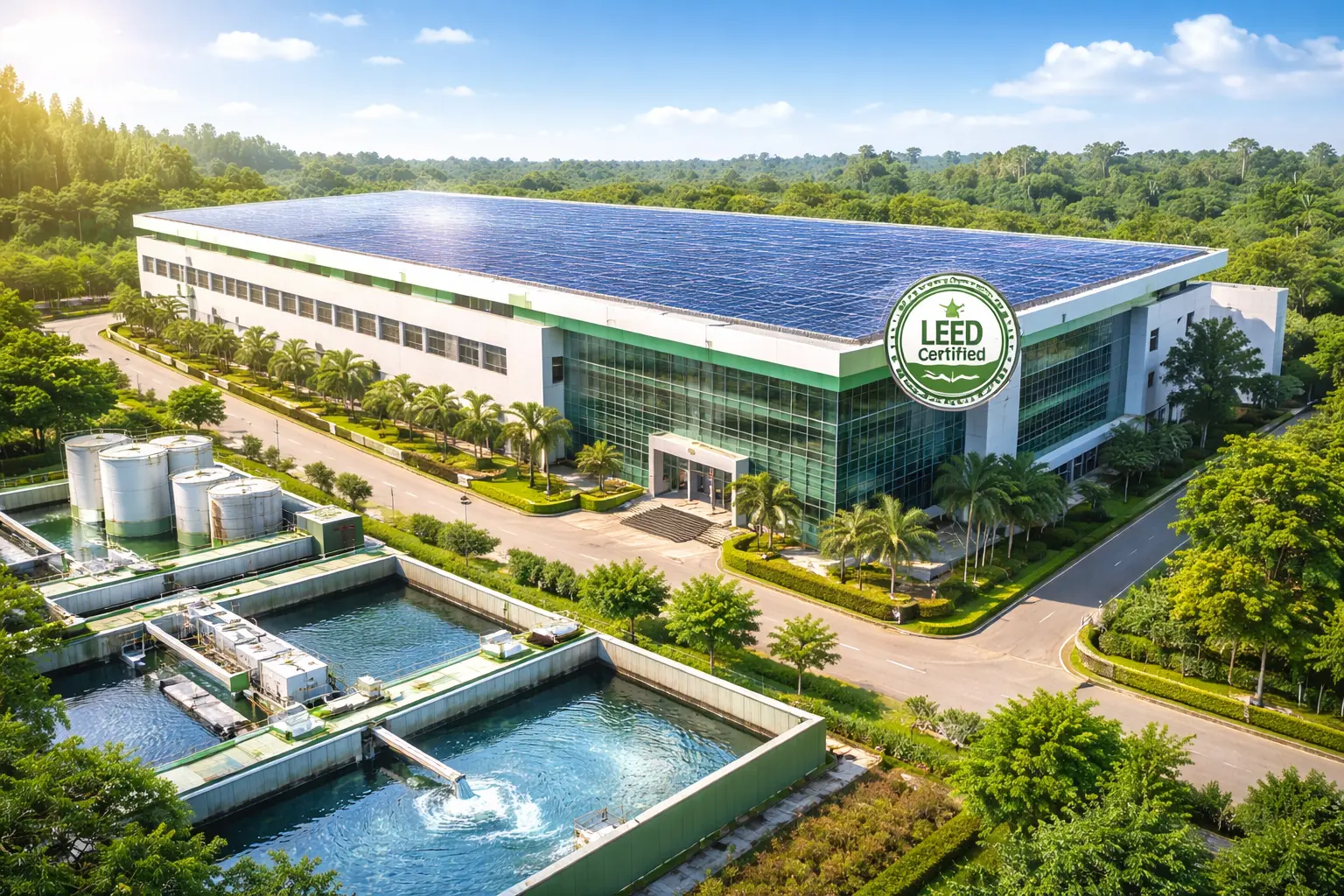 Exterior of a LEED-certified green garment factory in Dhaka, Bangladesh, featuring solar panels and sustainable architecture.