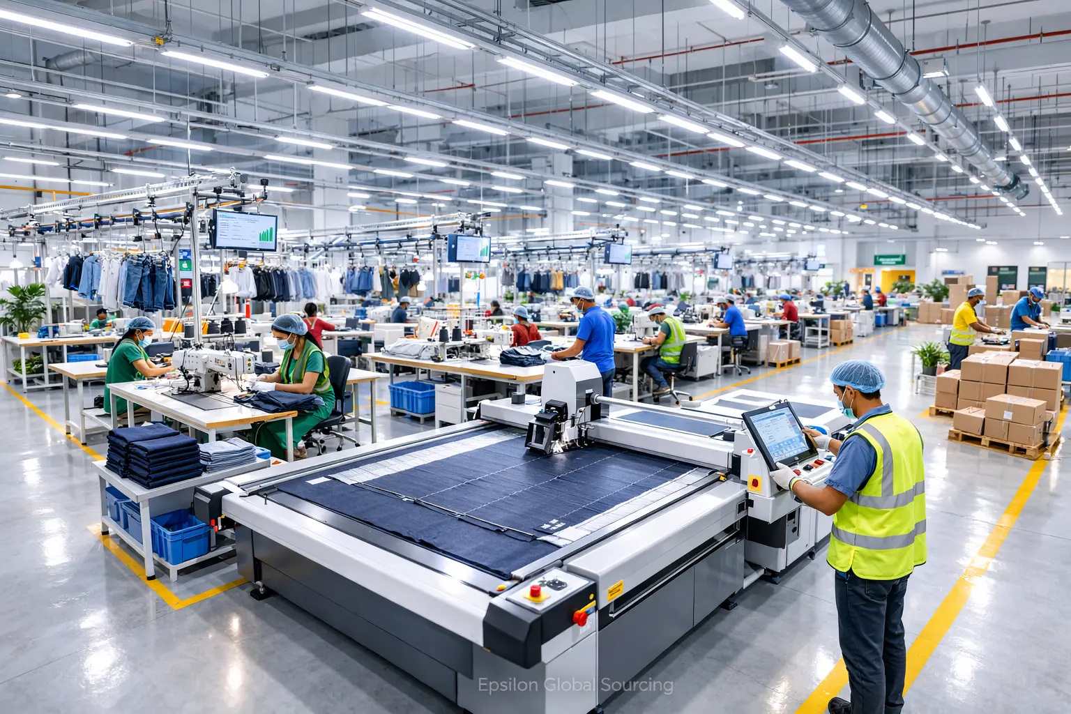 Wide view of a modern, highly automated Epsilon GS garment manufacturing factory in Bangladesh showcasing the advanced RMG sector.