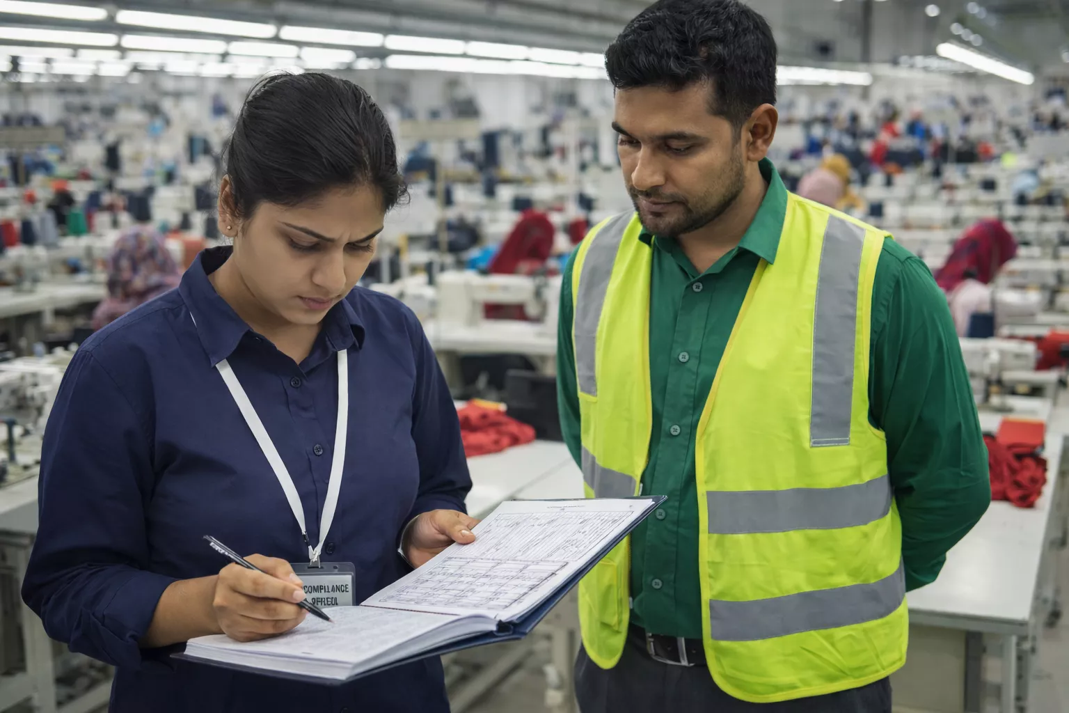 A Epsilon Sourcing compliance officer standing at the end of a sewing line, looking intensely at a Production Log Book while the Line Supervisor stands next to them waiting.